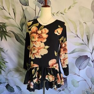 KAIYU | High-Low Blouse in Black w/ Orange Florals sz S